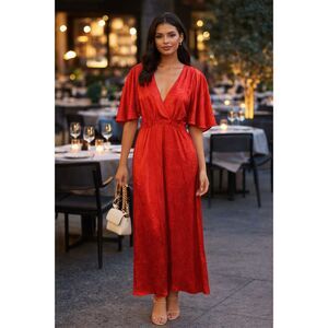 570 Red Satin Midi Dress Flutter Sleeves V-Neck Romantic Evening